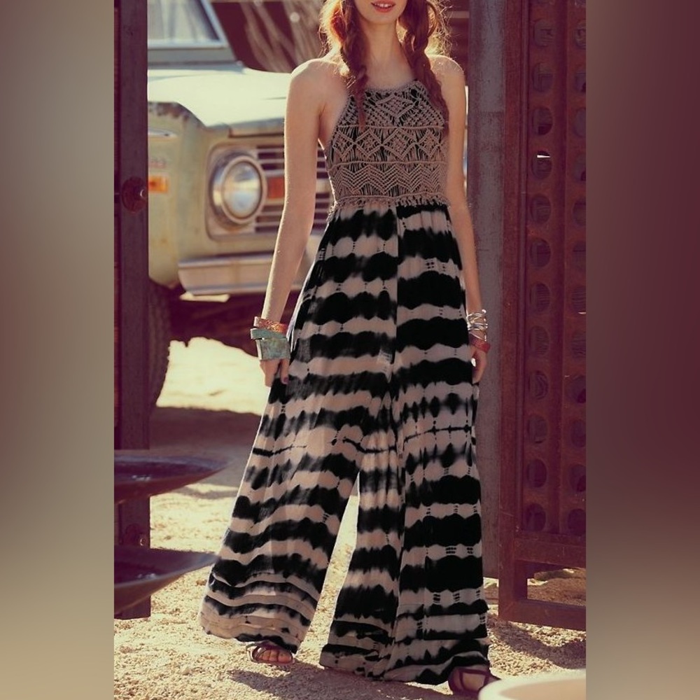 RARE Free People Macrame Kaleidoscope Jumpsuit Tie Dye Striped Romper Onepiece - Picture 2 of 5
